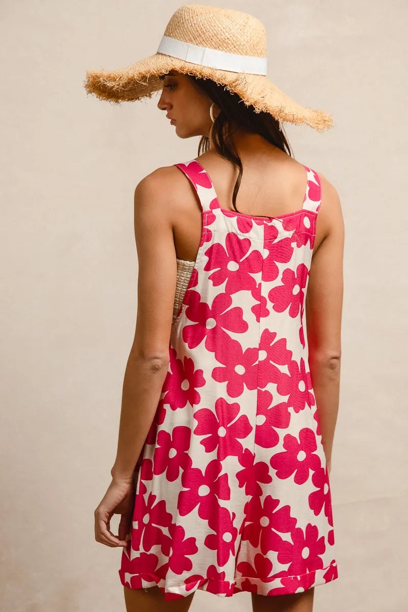 BiBi Floral Prints Tuck Detail Short Overall With Pockets Overalls