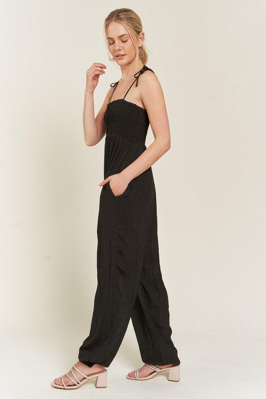 Plus Size Shoulder Tie Smocked Jumpsuit Jumpsuits