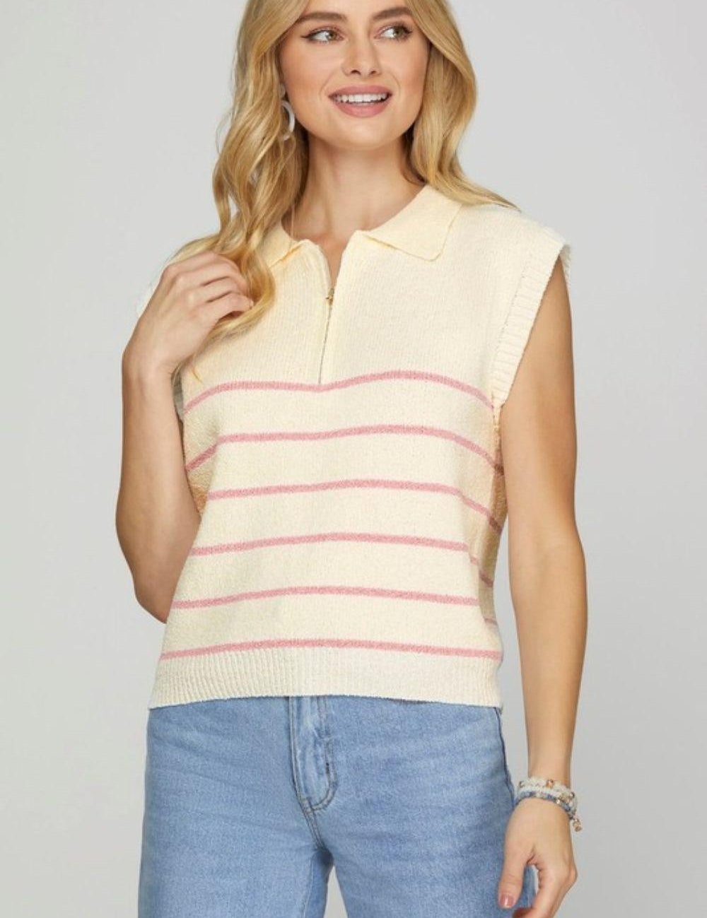 Pink 2XL She + Sky Ribbed Hem Pink Striped Half Zip Sweater Vest | Sweaters Daverri Fashions