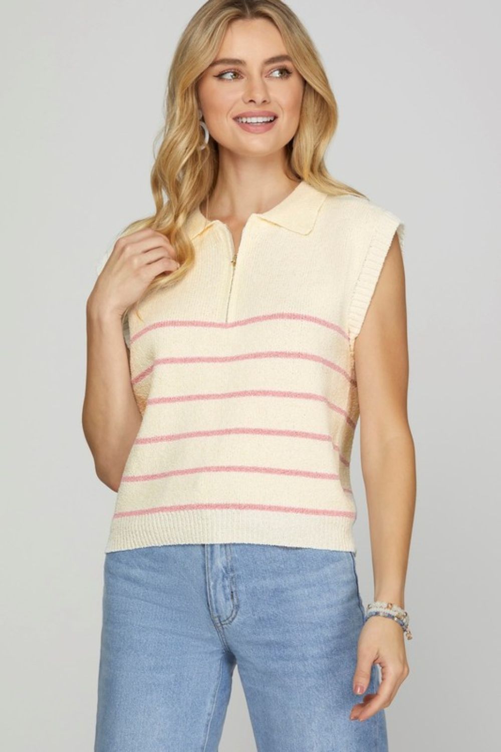 She + Sky Ribbed Hem Pink Striped Half Zip Sweater Vest Pink Sweaters