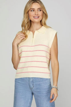 She + Sky Ribbed Hem Pink Striped Half Zip Sweater Vest - DAVERRI FASHIONS