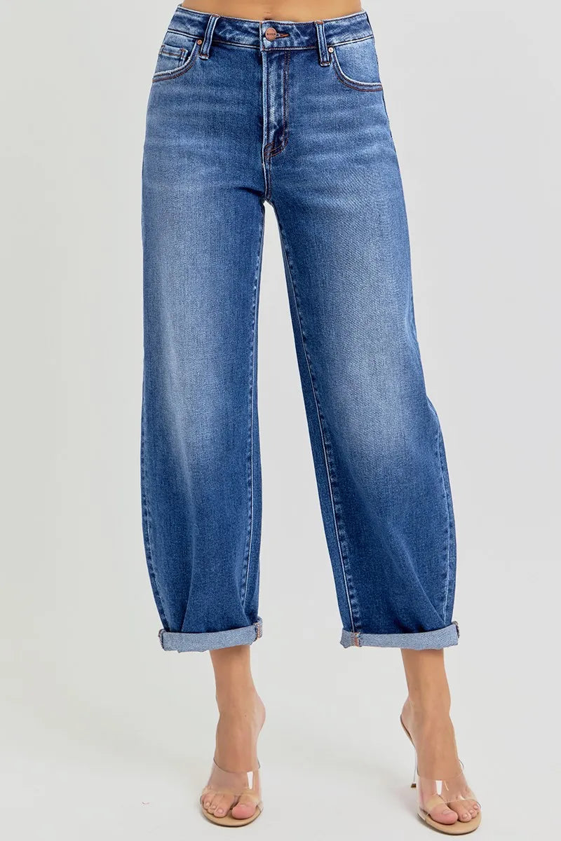 RISEN Full Size High Rise Crop Mild Barrel Jeans Plus Size Dark Jeans