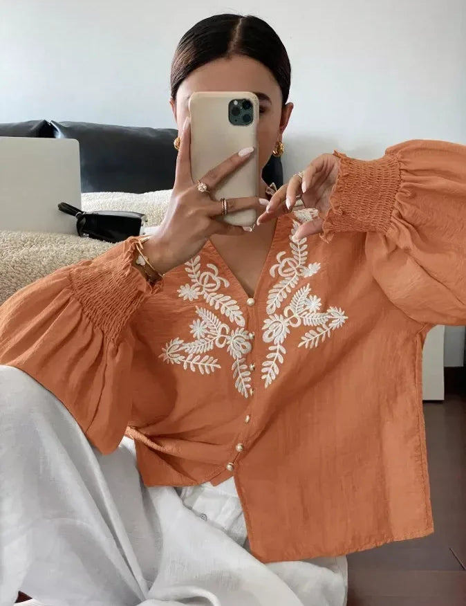 Daverri Fashions Embroidered Notched Long Sleeve Blouse - DAVERRI FASHIONS