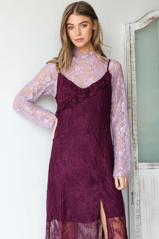 Jade by Jane floral print long sleeve lace mesh top in burgundy with lavender sleeves