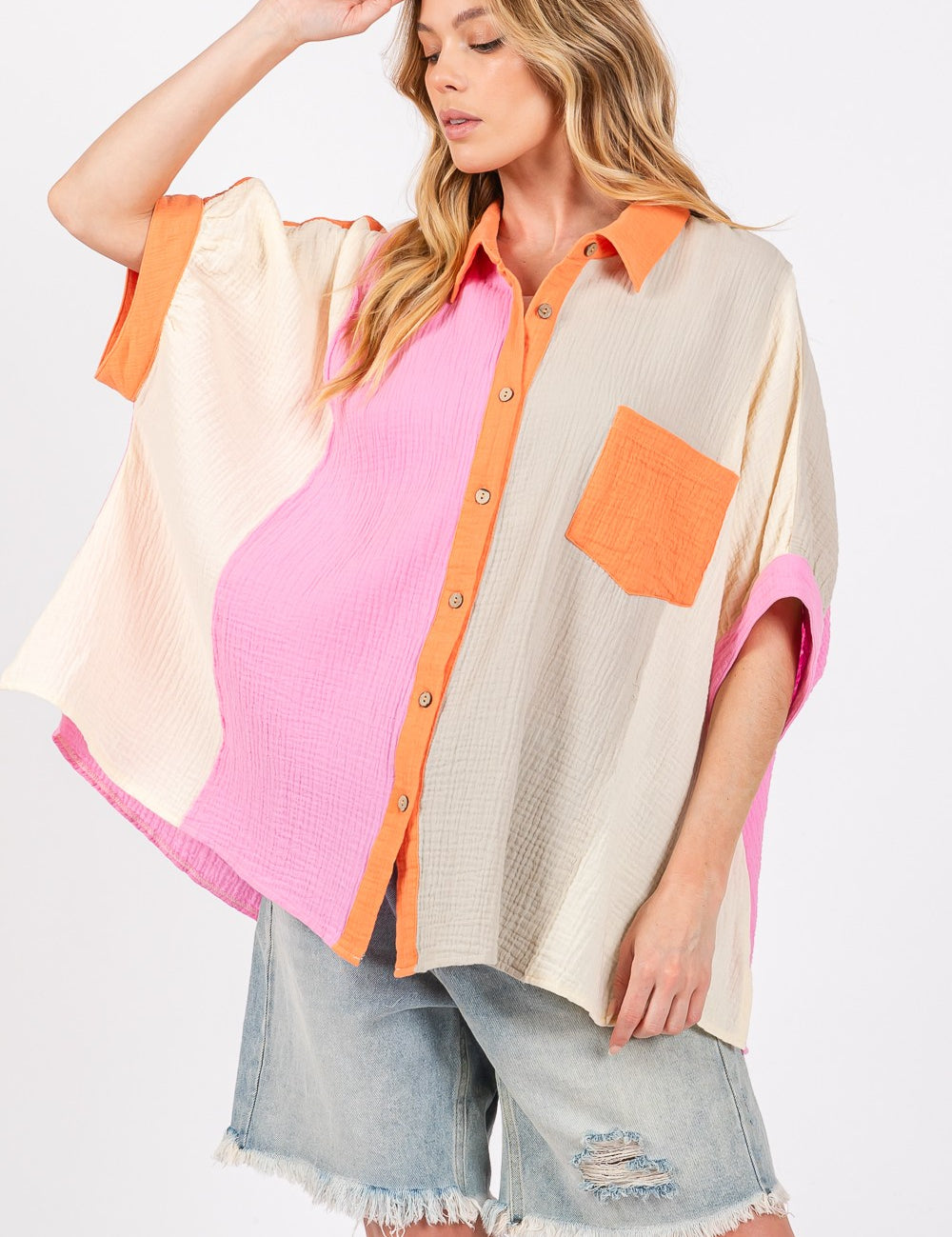 SAGE + FIG Full Size Color Block Button-Down Shirt MULTI