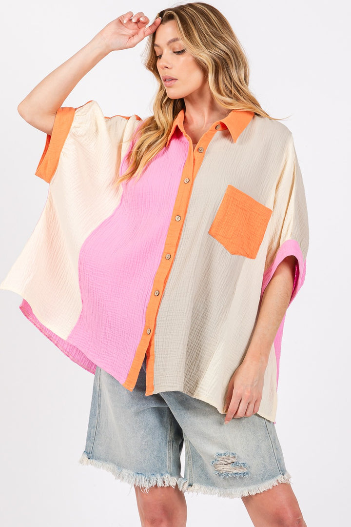 SAGE + FIG Full Size Color Block Button-Down Shirt MULTI