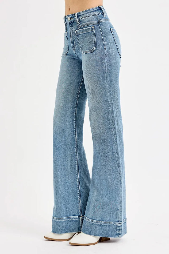 RISEN Full Size High Rise Wide Flare Patch Pocket Jeans Jeans