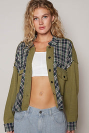 POL Plaid Button Down Shirt with Chest Pockets Olive