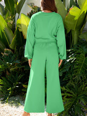 Drop Shoulder Puff Sleeve Crop Top and Drawstring Wide Leg Pants Set | Loungewear Sets Daverri Fashions