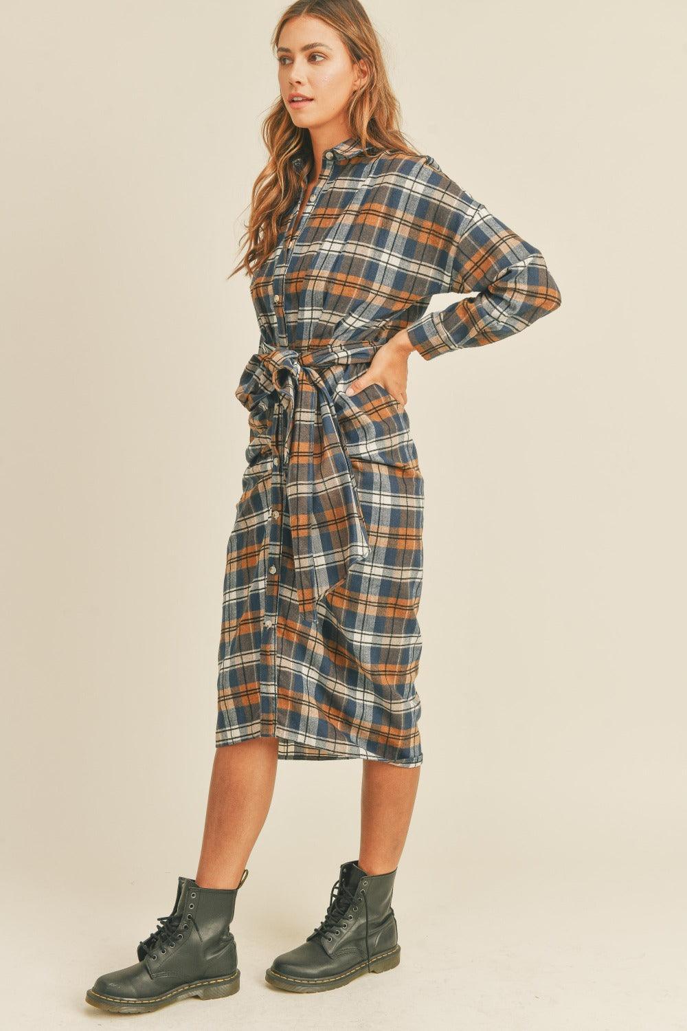 Mable Plaid Flannel Front Tie Button Down Shirt Dress Midi Dresses