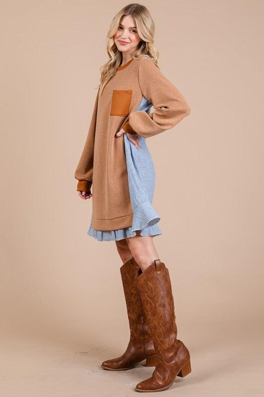 Ces Femme Striped Patchwork Round Neck Terry Sweatshirt Dress Sweatshirts
