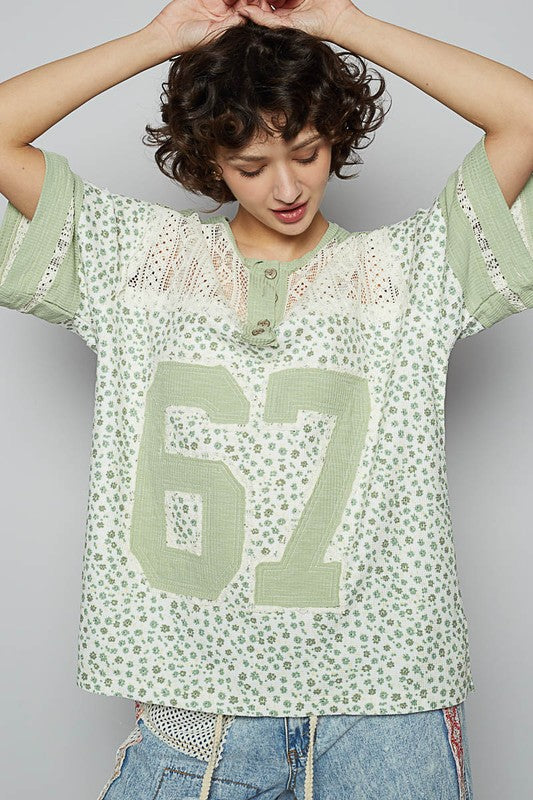 POL Number Floral Crochet Button Detail Half Sleeve Top Gum Leaf