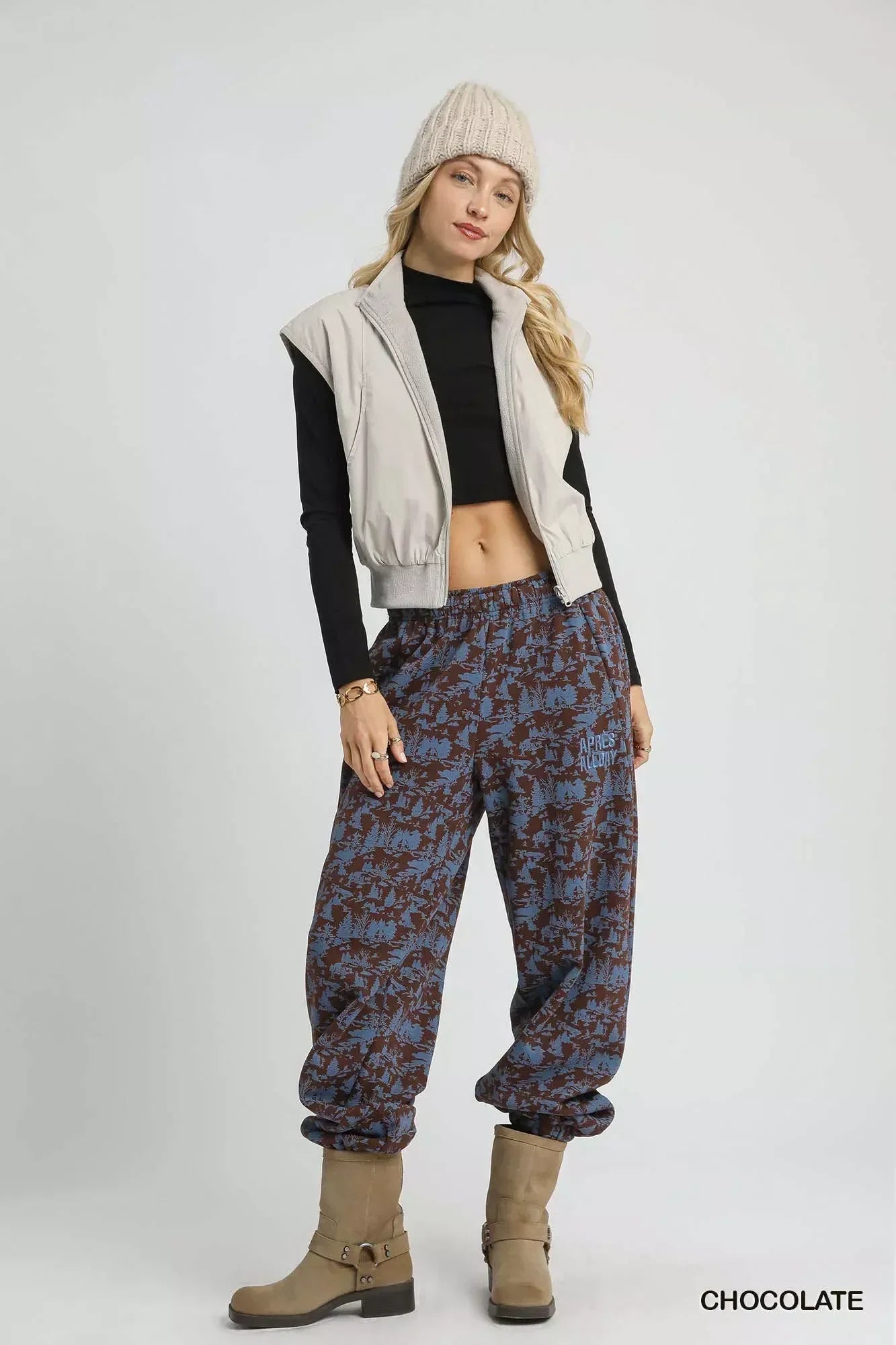 Umgee Scenic Print Casual Sweatpants Chocolate - DAVERRI FASHIONS