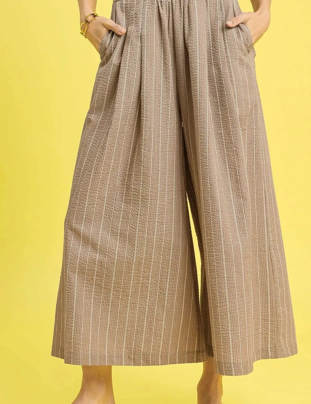 Camel Umgee Pinstripe Crop Palazzo Pants | Pants Daverri Fashions