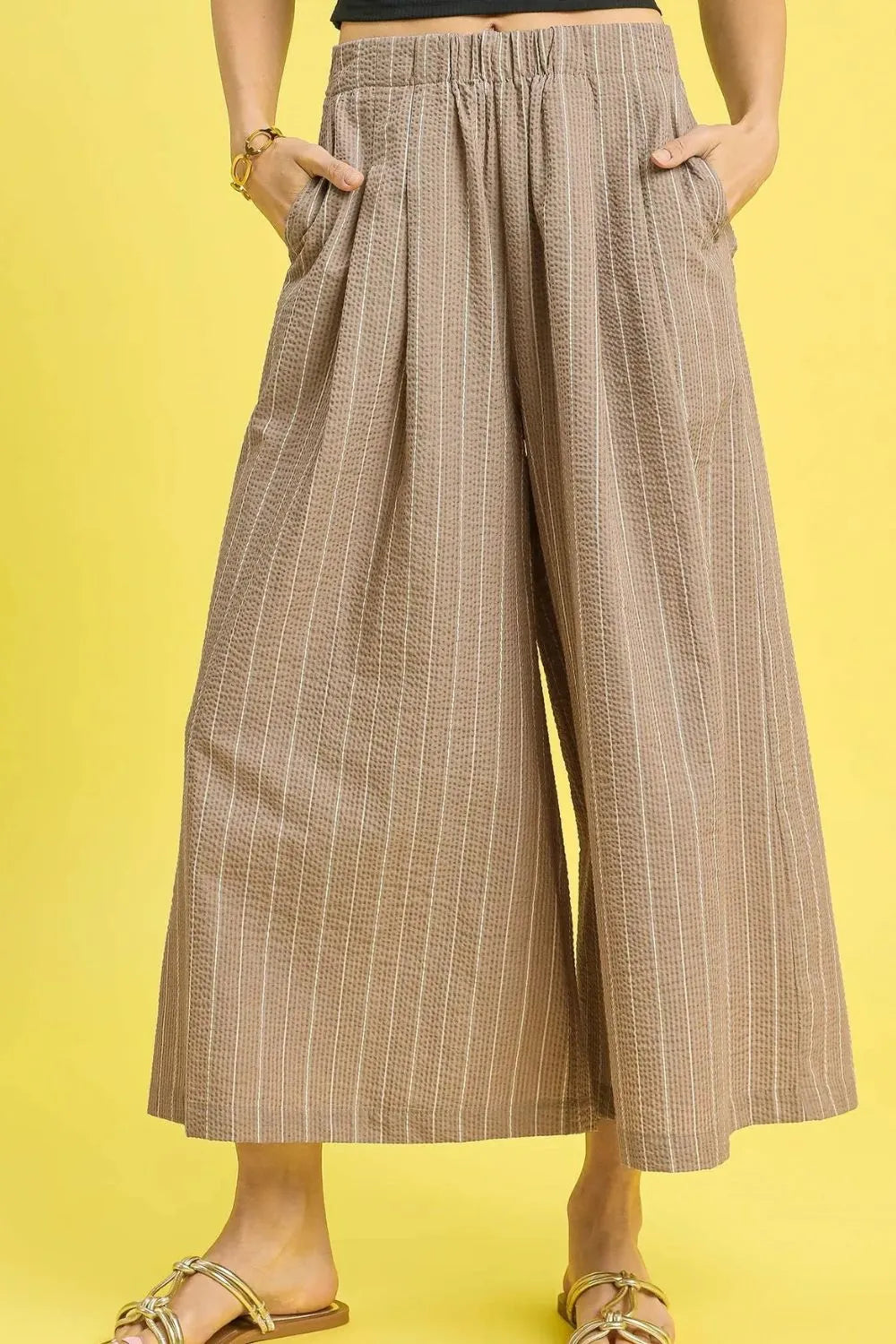 Umgee Pinstripe Crop Palazzo Pants Camel Pants