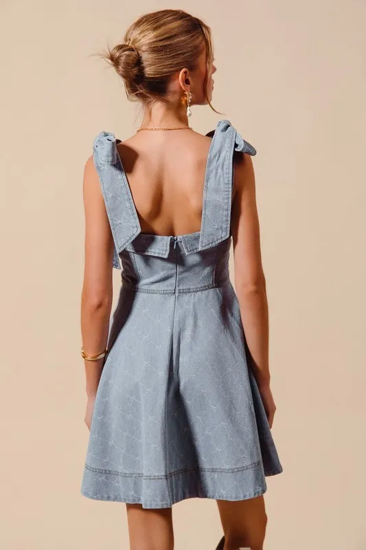 SO ME A Line Fit and Flare Diamond Bow Ribbon Denim Dres Mini Dresses