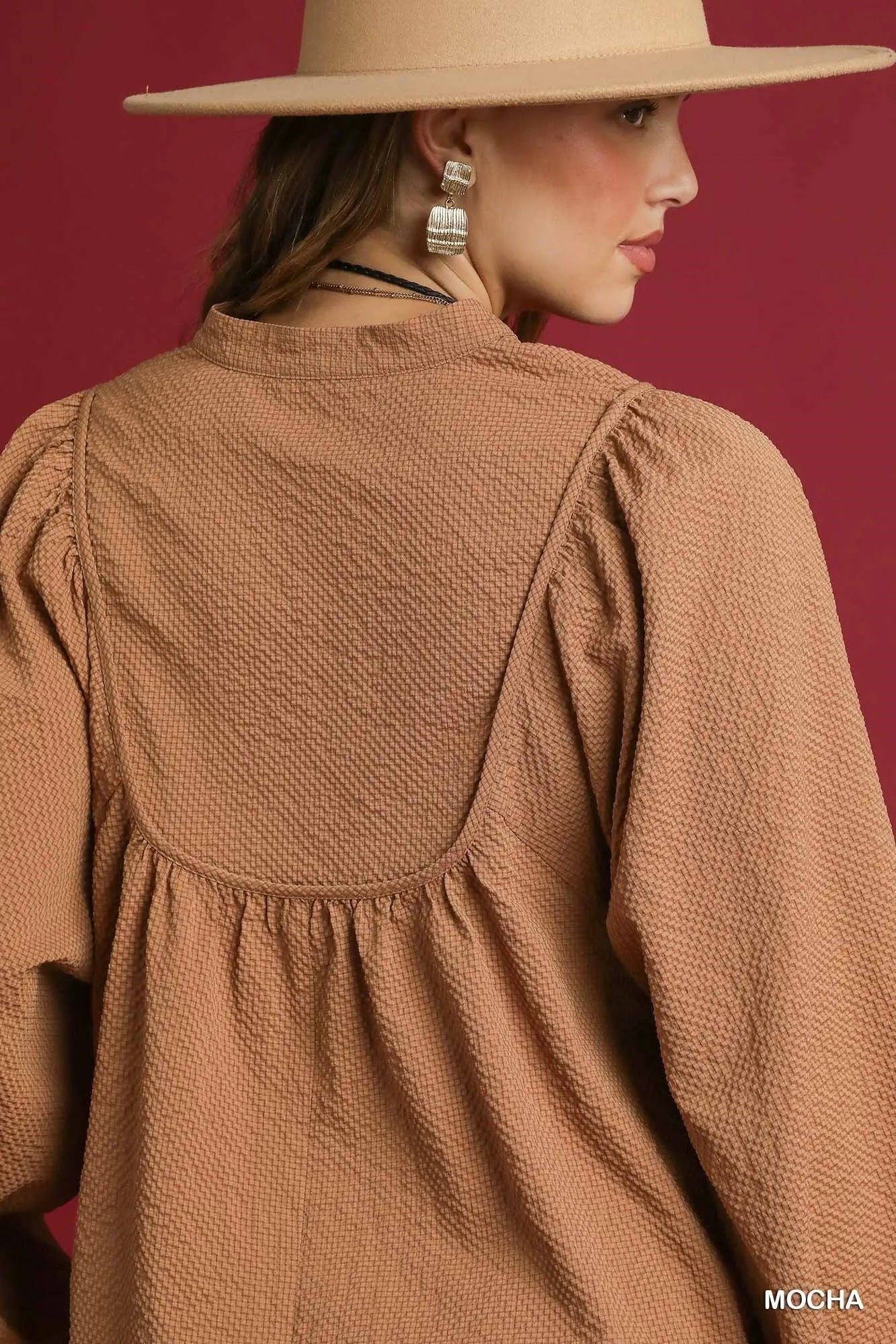 Umgee Textured Notched Blouse with Balloon Sleeves Mocha | Blouses Daverri Fashions
