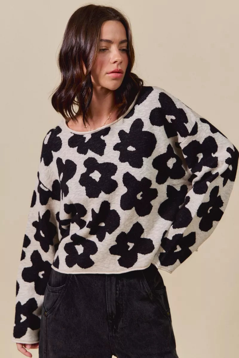 SO ME loose fit black and cream floral knit sweater top with wide sleeves