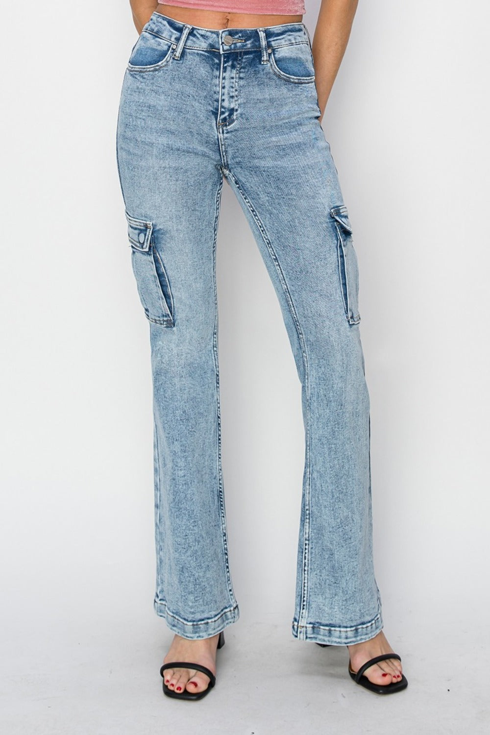 RISEN Full Size High Rise Cargo Flare Jeans Bottoms