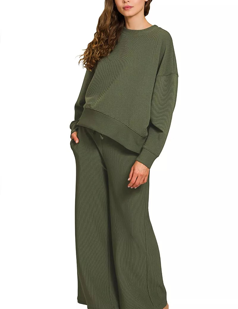 DK OLIVE Zenana Ribbed Round Neck Pullover and Drawstring Pants Set | Loungewear Sets Daverri Fashions