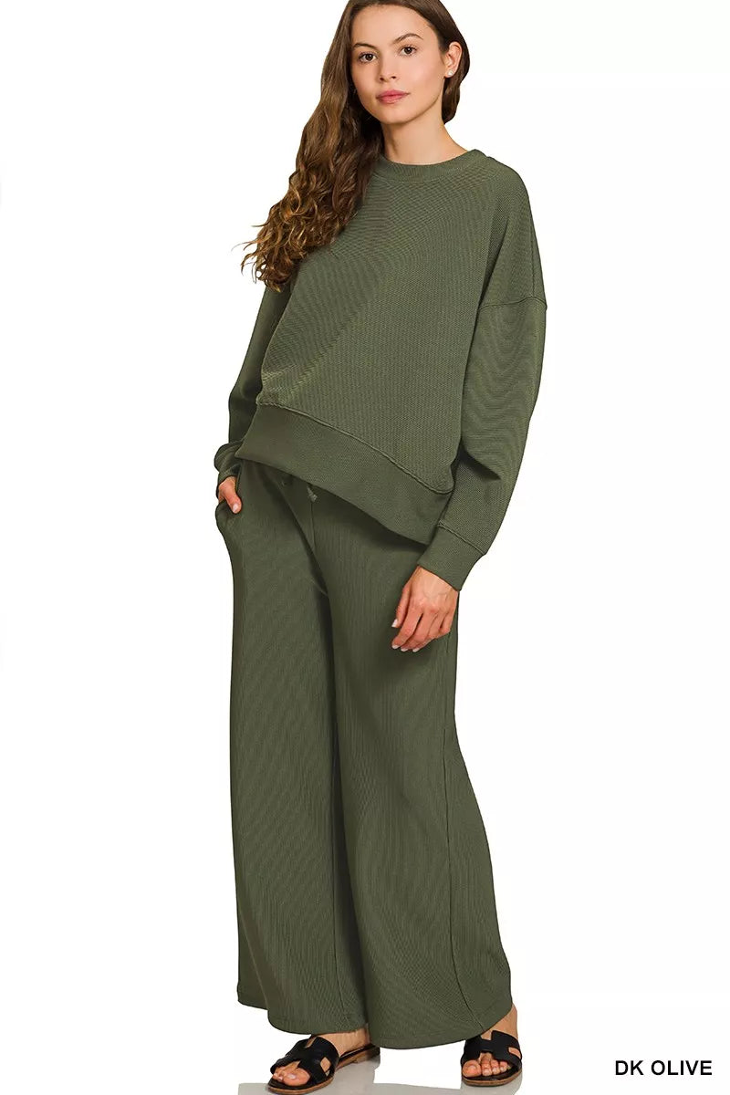 DK OLIVE Zenana Ribbed Round Neck Pullover and Drawstring Pants Set | Loungewear Sets Daverri Fashions