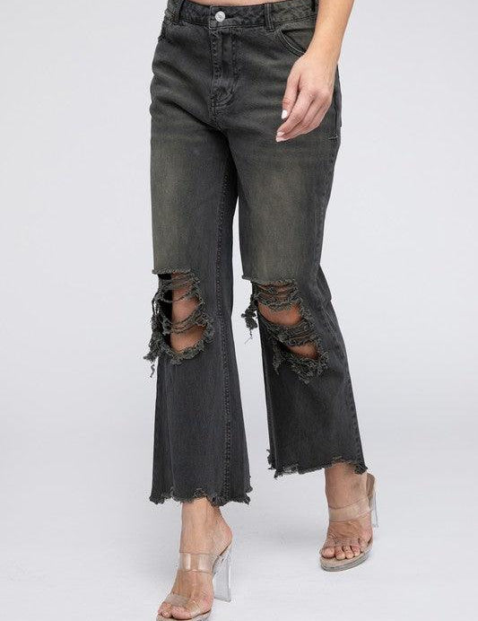 Distressed Vintage Washed Wide Leg Pants BLACK CHARCOAL Pants