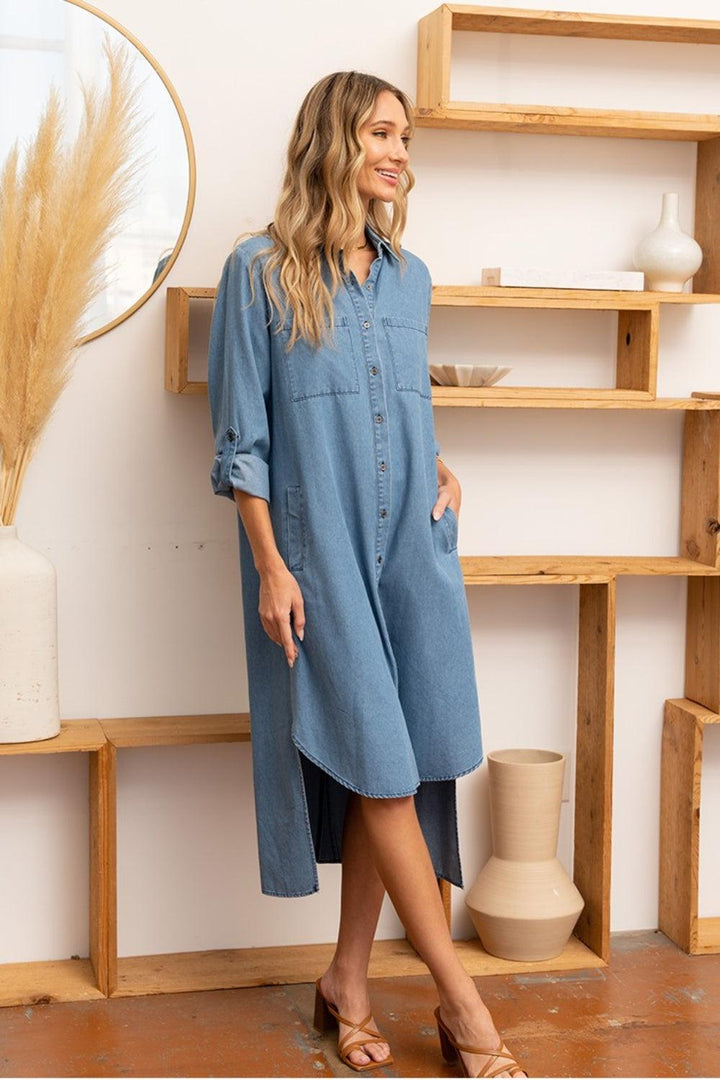 Sew In Love High-Low Button Up Roll-Tab Sleeve Denim Dress Midi Dresses