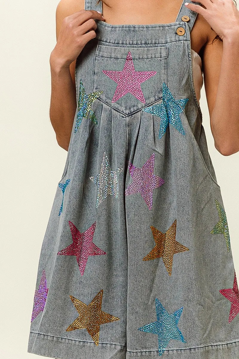 BiBi Star Rhinestone Washed Wide Leg Shortalls Shortalls