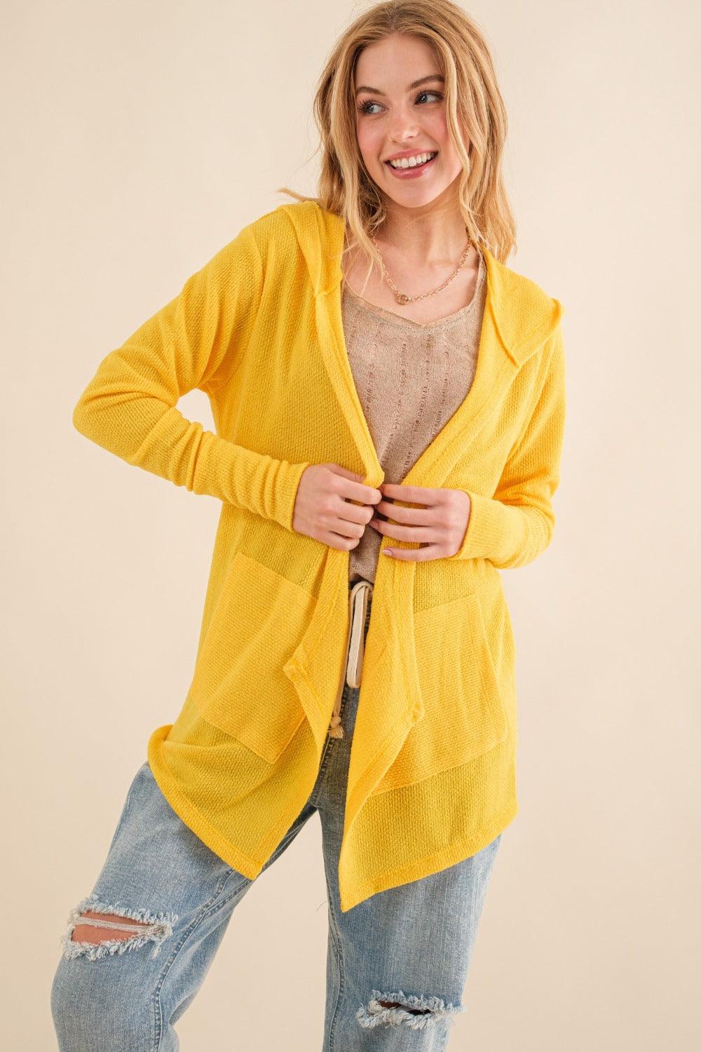 Vivid Yellow And The Why Full Size Thermal Hooded Open Front Cardigan with Pockets | Cardigans Daverri Fashions