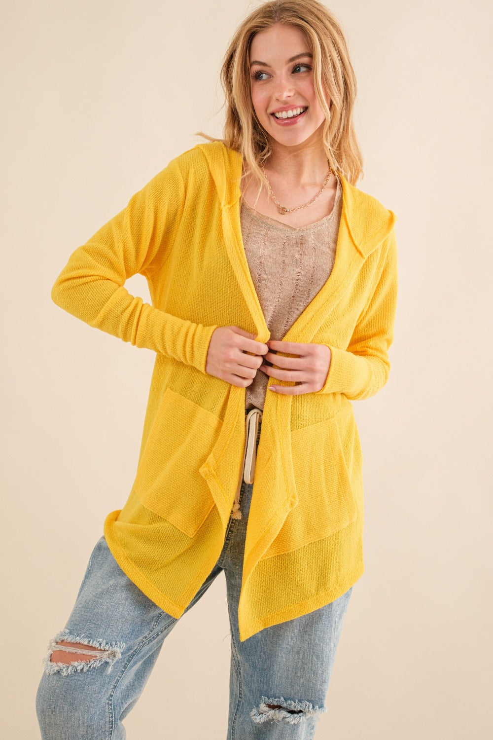 And The Why Full Size Thermal Hooded Open Front Cardigan with Pockets Vivid Yellow Cardigans