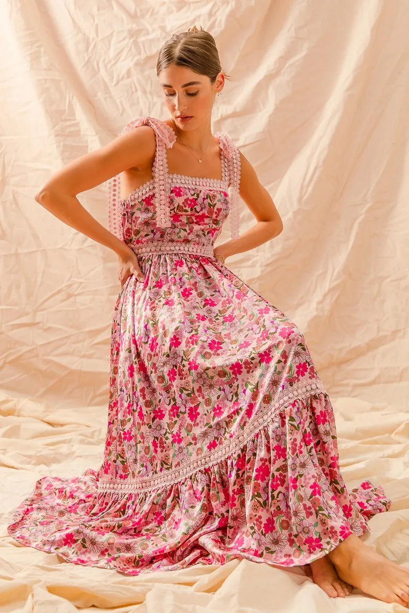SO ME floral maxi dress with pink flowers, lace trim, ruffles, and ribbon tie straps