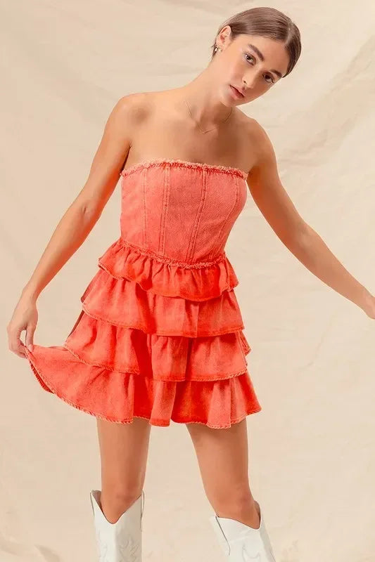 SO ME Strapless Ruffle Layered Game Day Cheer Up Dress - DAVERRI FASHIONS