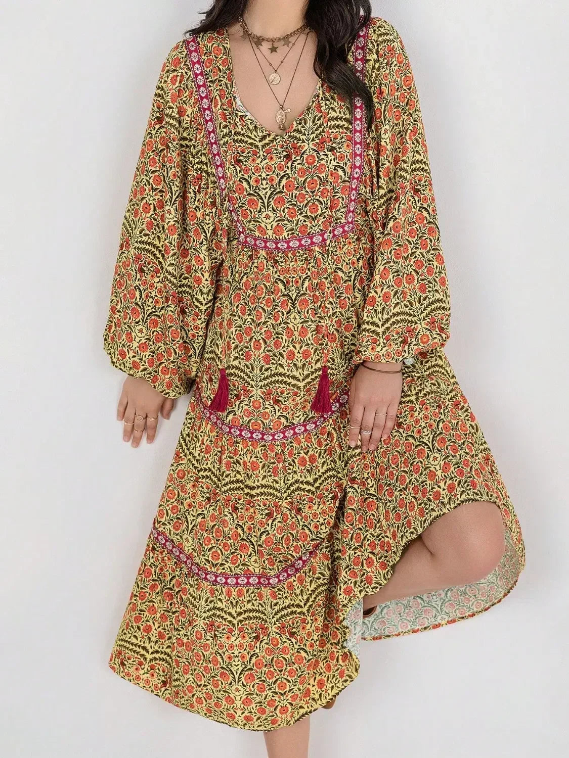 Floral Tiered Midi Dress with Balloon Sleeves - DAVERRI FASHIONS