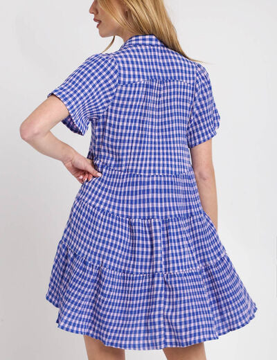 Umgee Full Size Gingham Tiered Button Detail Short Sleeve Dress Plus Size