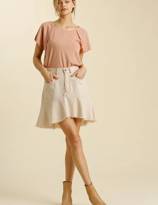 Umgee Linen Blend 5 Pockets High Low Skirt with Frayed Hem | Daverri Fashions