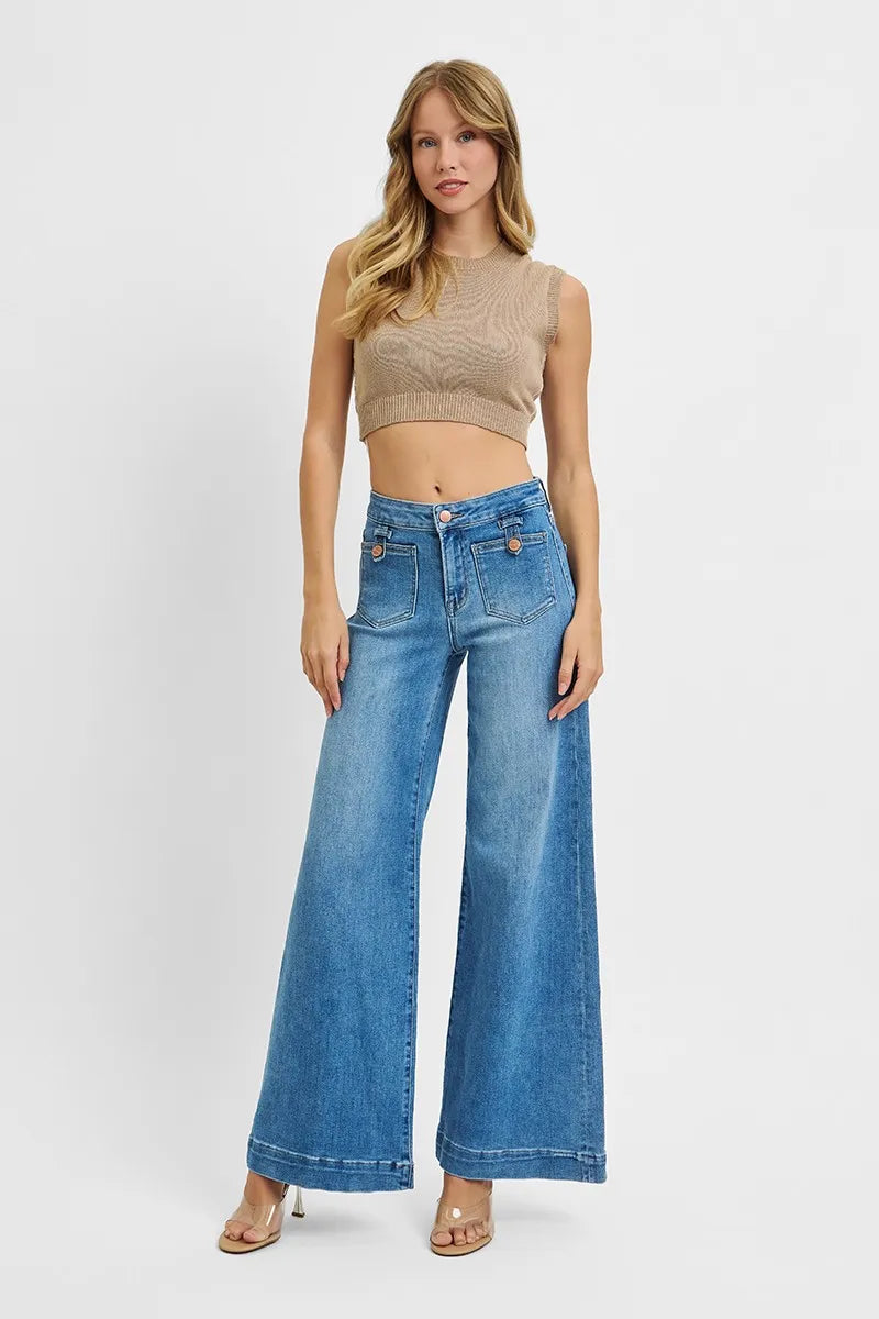 RISEN Full Size Mid Rise Wide Front Patch Pocket Jeans Jeans