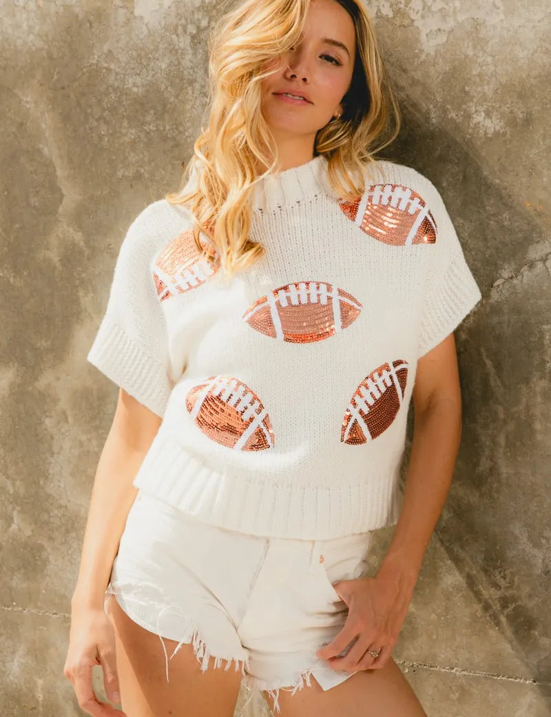 IVORY BiBi Gameday Sequin Football Patches Rib Banded Sweater | Sweaters Daverri Fashions