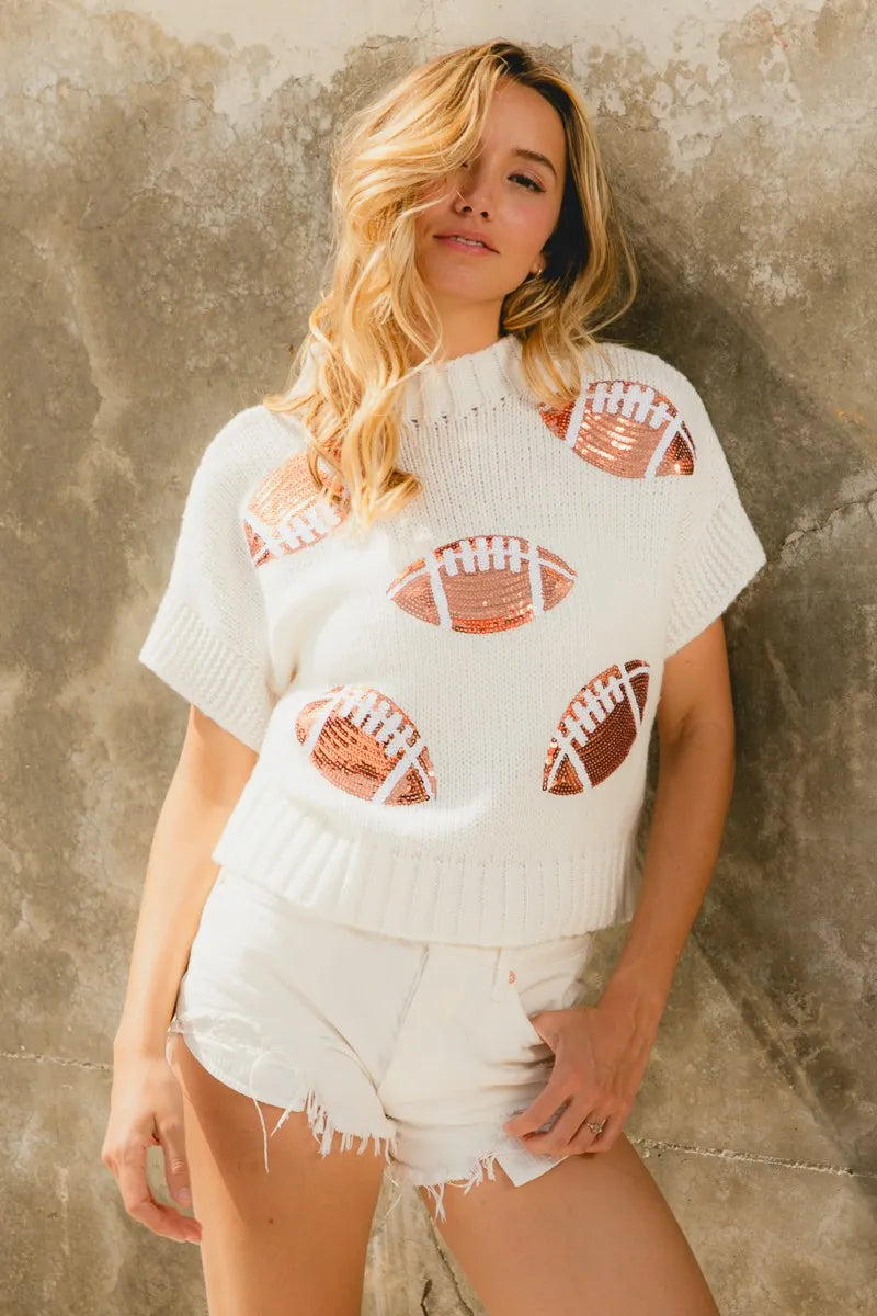 BiBi Gameday Sequin Football Patches Rib Banded Sweater IVORY Sweaters