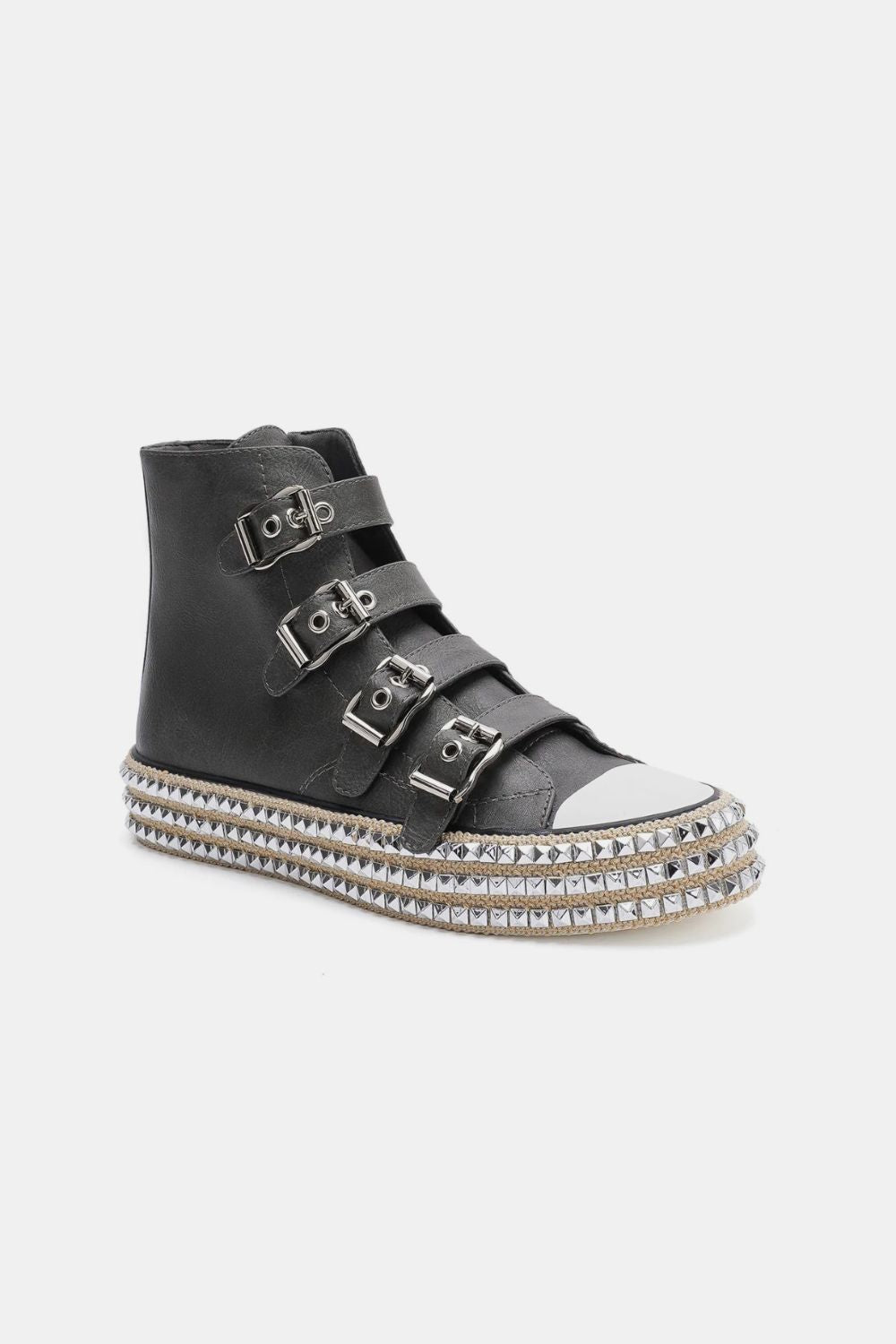 Beast Fashion Multi-Buckle Straps Studded Platform Sneakers Footwear