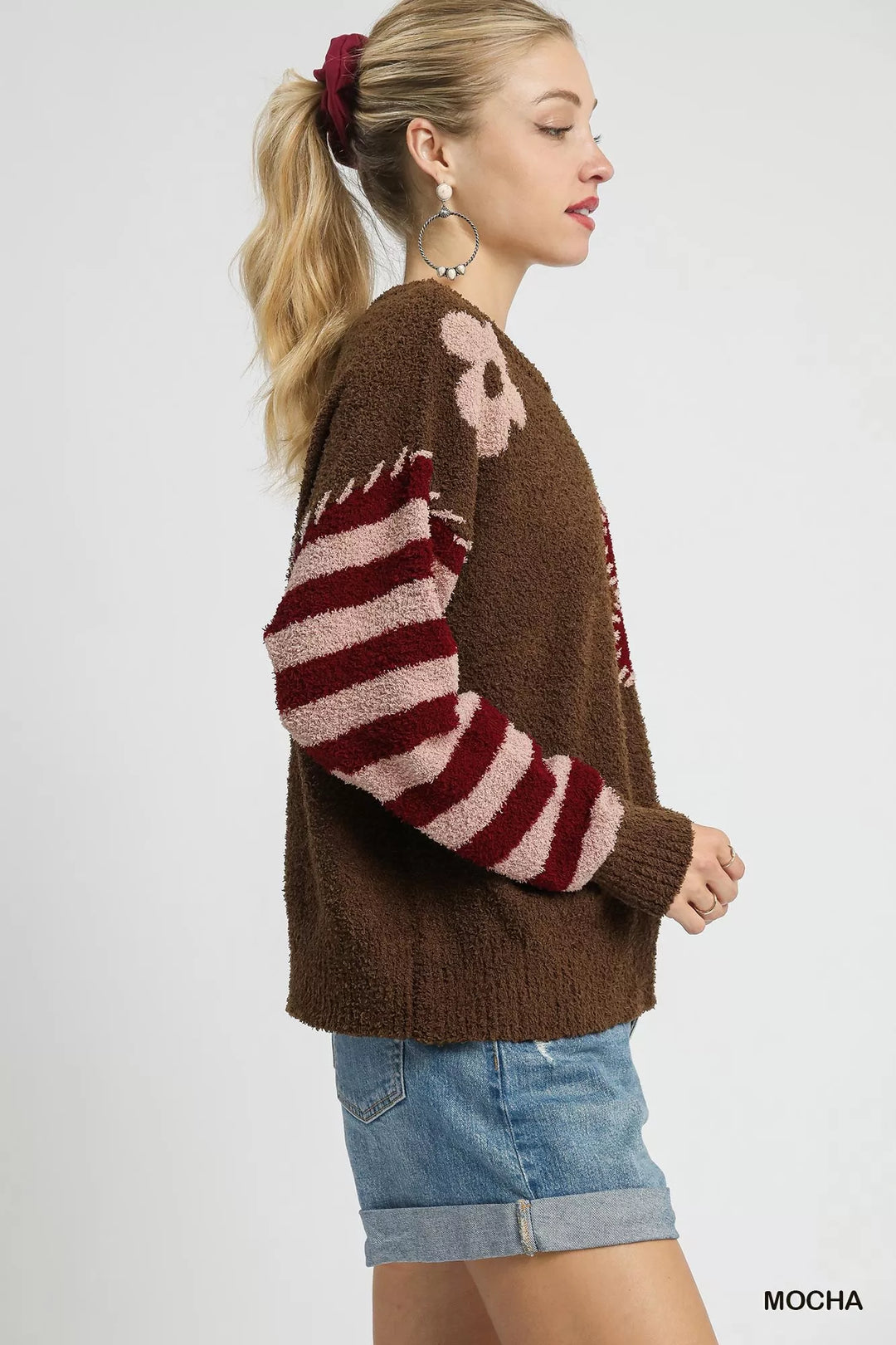 Umgee Flower Jacquard Striped Long Sleeve Sweater | Sweaters Daverri Fashions