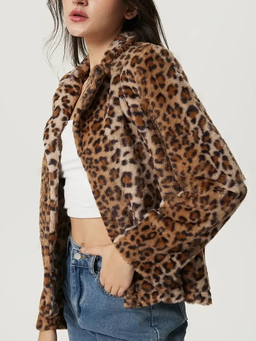 Fuzzy Leopard Collared Neck Jacket - DAVERRI FASHIONS