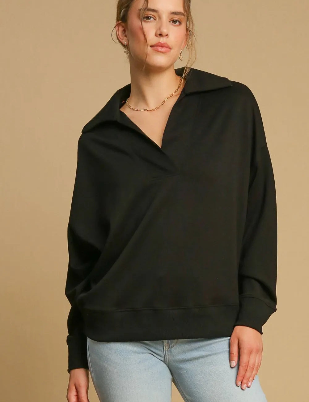 Black Umgee Johnny Collar Dropped Shoulder Sweatshirt | Daverri Fashions