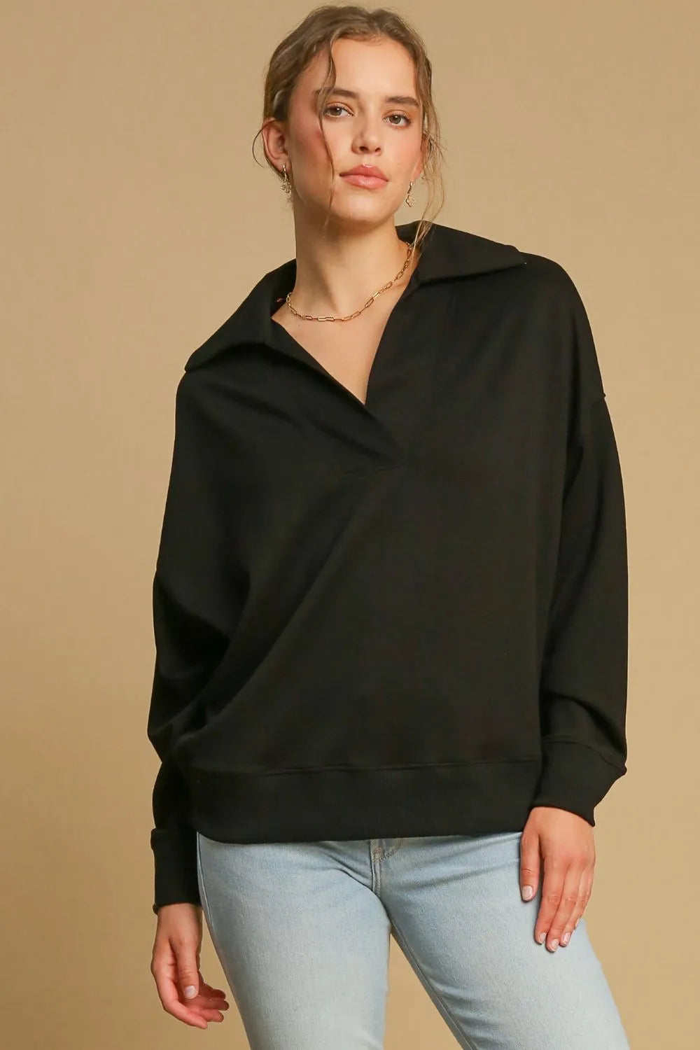 Umgee Johnny Collar Dropped Shoulder Sweatshirt Black