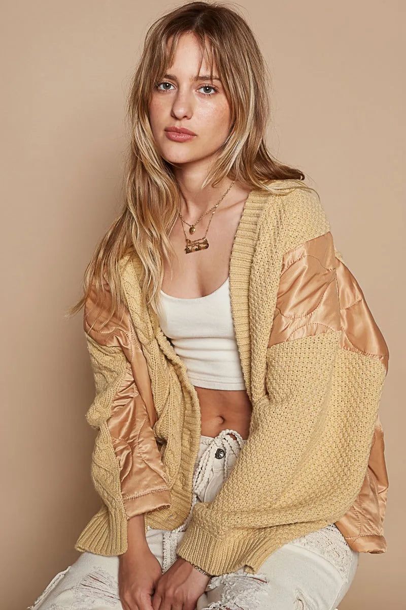 POL Quilting Patch Button Up Cable Knit Jacket Camel Multi | Jackets Daverri Fashions