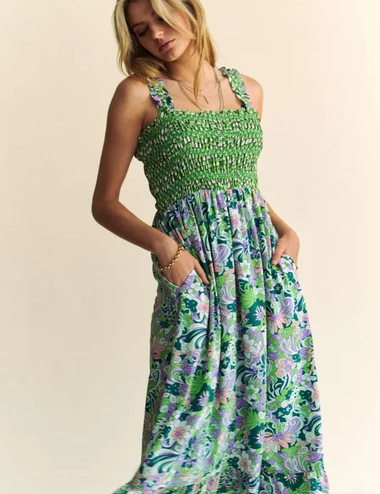 Hunter Green Davi & Dani Multi Smocked Bodice Geo Ruffle Strappy Midi Dress | Midi Dresses Daverri Fashions