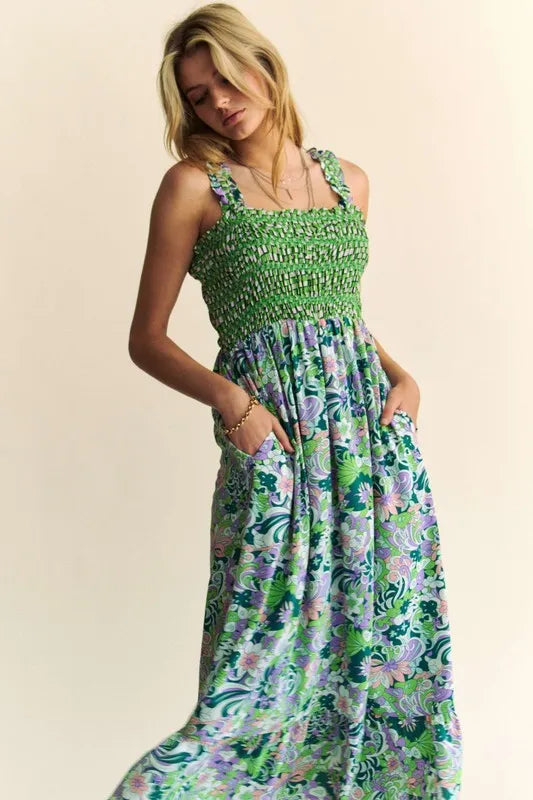 Davi & Dani Multi Smocked Bodice Geo Ruffle Strappy Midi Dress Hunter Green Midi Dresses