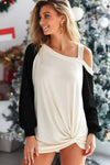 BiBi French Terry Knit color block off-shoulder black and cream long-sleeve top