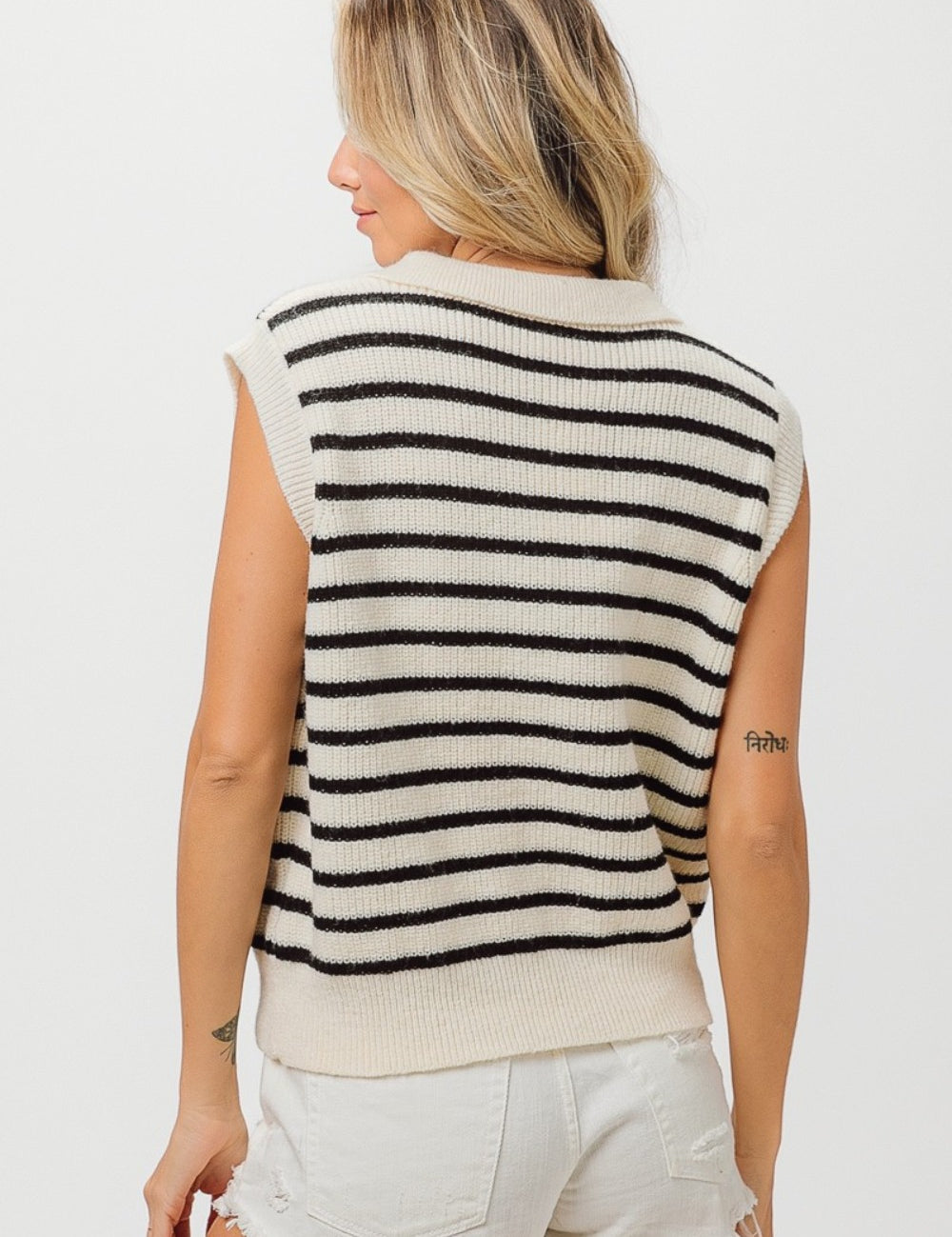 BiBi Flower Patch Striped Half Button Sweater Vest