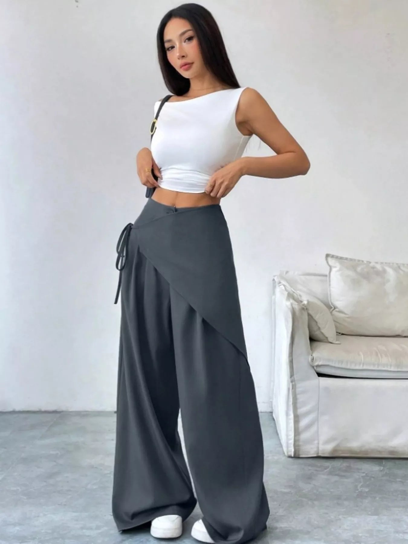 Daverri Wrap-Front Wide-Leg Pants in dark gray with asymmetrical design
