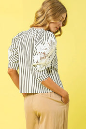 Umgee Striped Lace Puff Sleeve Blouse | Daverri Fashions